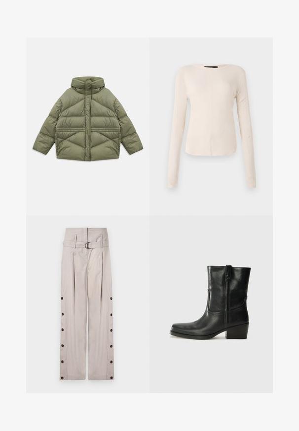 Õlivaheline puffer jakk kõrge kraega, diagonaalse õmblusega, pikad varrukad ja lukuga küljetaskud, laotuna valgel taustal.; Pikkade varrukatega helesinine topp ümmarguse kaelusega. Valmistatud pehmest kangast, sisaldab keskset õmblust ja kergelt kaardus serva. Ei ole nähtavat riistvara.; Beezid laiad püksid pehmest kangast, millel on vöödiga kõrge vöökoht, külgmised nupud ja puhas, kohandatud välimus.; Musta nahast pahkluu saabas ümarate varvastega, plokknäppu, külgsepa ja pealsetel õmblusest aktsentidega. Sile tekstuur, klassikaline disain.