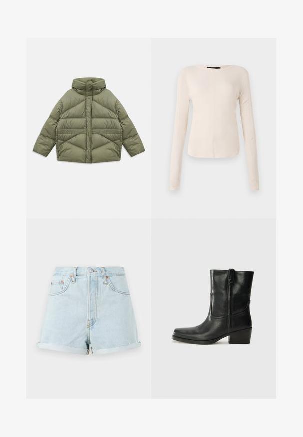 Olive green puffer jacket with high collar, diagonal stitching, long sleeves, and zippered side pockets, laid flat on white background.; Long-sleeve, light beige top with a round neckline. Made of soft fabric, features a central seam and slightly curved hem. No visible hardware.; Light blue denim shorts with a high waist, turn-up cuffs, copper rivets, and a front zipper. Features classic five-pocket style.; Black leather ankle boot with a rounded toe, block heel, side zipper, and stitching accents on the vamp. Smooth texture, classic design.