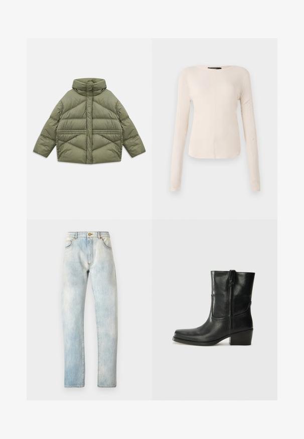 Õlivaheline puffer jakk kõrge kraega, diagonaalse õmblusega, pikad varrukad ja lukuga küljetaskud, laotuna valgel taustal.; Pikkade varrukatega helesinine topp ümmarguse kaelusega. Valmistatud pehmest kangast, sisaldab keskset õmblust ja kergelt kaardus serva. Ei ole nähtavat riistvara.; Heledad sinine teksapüksid sirge lõikega, viie taskuga ja nööpidega sulgemine. Kulumisefekt kogu ulatuses, detailide õmblused õmblustel.; Musta nahast pahkluu saabas ümarate varvastega, plokknäppu, külgsepa ja pealsetel õmblusest aktsentidega. Sile tekstuur, klassikaline disain.