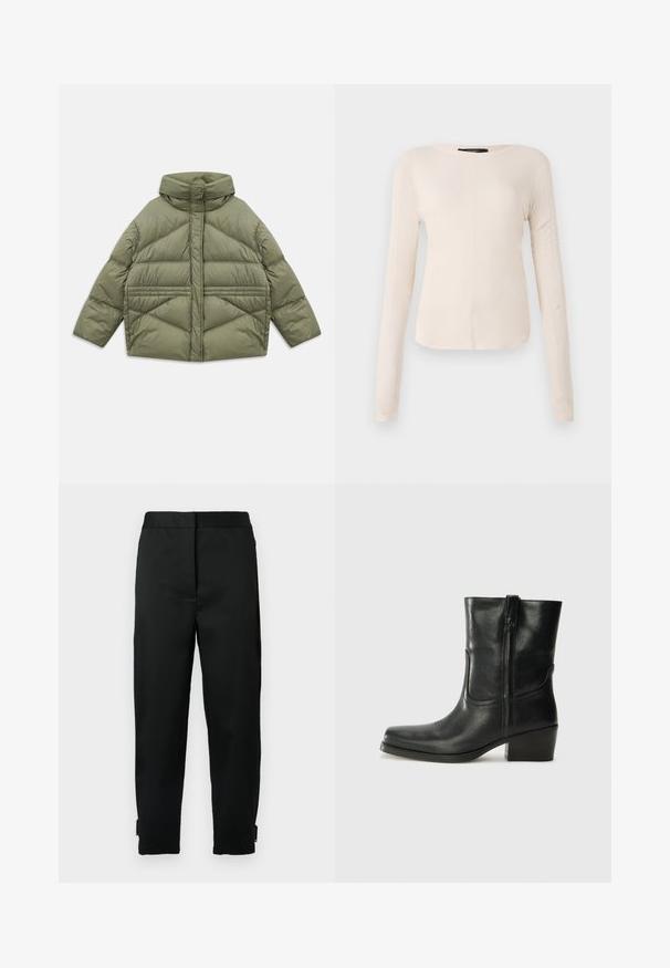 Olive green puffer jacket with high collar, diagonal stitching, long sleeves, and zippered side pockets, laid flat on white background.; Long-sleeve, light beige top with a round neckline. Made of soft fabric, features a central seam and slightly curved hem. No visible hardware.; Black tapered pants with a smooth fabric, featuring a waistband, side pockets, and zipper closure at the hem for adjustable fit.; Black leather ankle boot with a rounded toe, block heel, side zipper, and stitching accents on the vamp. Smooth texture, classic design.