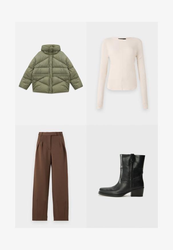 Olive green puffer jacket with high collar, diagonal stitching, long sleeves, and zippered side pockets, laid flat on white background.; Long-sleeve, light beige top with a round neckline. Made of soft fabric, features a central seam and slightly curved hem. No visible hardware.; Brown trousers made of smooth fabric, with a high waistband, front pleats, and a relaxed fit. Features side pockets and tapered legs.; Black leather ankle boot with a rounded toe, block heel, side zipper, and stitching accents on the vamp. Smooth texture, classic design.