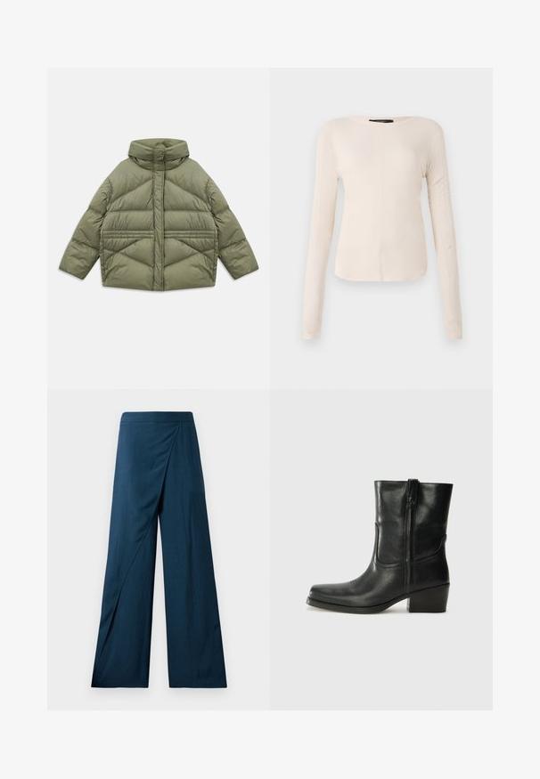 Oliwkowa kurtka puchowa z wysokim kołnierzem, ukośnymi szwami, długimi rękawami i zasuwanymi bocznymi kieszeniami, leżąca płasko na białym tle.; Długi rękaw, jasnobeżowa bluzka z okrągłym dekoltem. Wykonana z miękkiego materiału, posiada centralny szew oraz lekko zaokrąglony dół. Brak widocznych elementów metalowych.; Szerokie spodnie w ciemnoniebieskim kolorze, z zapinanym fasonem i gładkim, teksturowanym materiałem. Nogawki są nieco rozszerzane, co nadaje płynny kształt.; Czarne skórzane botki za kostkę z okrągłym noskiem, słupkowym obcasem, bocznym zamkiem i przeszyciami na cholewce. Gładka tekstura, klasyczny design.