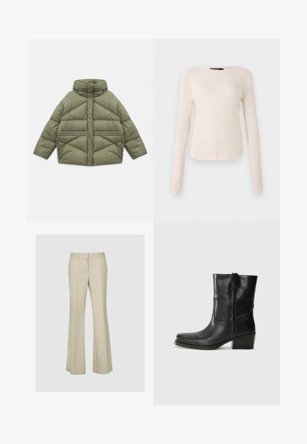 Olive green puffer jacket with high collar, diagonal stitching, long sleeves, and zippered side pockets, laid flat on white background.; Long-sleeve, light beige top with a round neckline. Made of soft fabric, features a central seam and slightly curved hem. No visible hardware.; Beige flared pants in a smooth fabric, featuring a mid-rise waist, seam detailing, and no visible hardware or patterns.; Black leather ankle boot with a rounded toe, block heel, side zipper, and stitching accents on the vamp. Smooth texture, classic design.