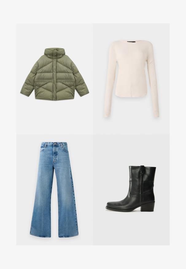 Oliivinvihreä untuvatakki korkealla kauluksella, vinonapituksilla, pitkillä hihoilla ja vetoketjullisilla sivutaskuilla, asetettuna tasaiseksi valkoista taustaa vasten.; Pitkähihainen, vaaleanbeige paita, jossa on pyöreä kaula-aukko. Valmistettu pehmeästä kankaasta, jossa on keskeinen sauma ja hieman kaareva helma. Ei näkyvää metalliosaa.; Vaaleansiniset leveälahkeiset farkut, joissa on korkea vyötärö, etutaskut, nappikiinnitys ja hienovaraiset kulumisvaikutukset.; Musta nahkasaapas nilkkamittaisella varrella, pyöreällä kärjellä, lohkarekorolla, sivuvetoketjulla ja ompeluaksentilla varren yläosassa. Suora pinta, klassinen muotoilu.