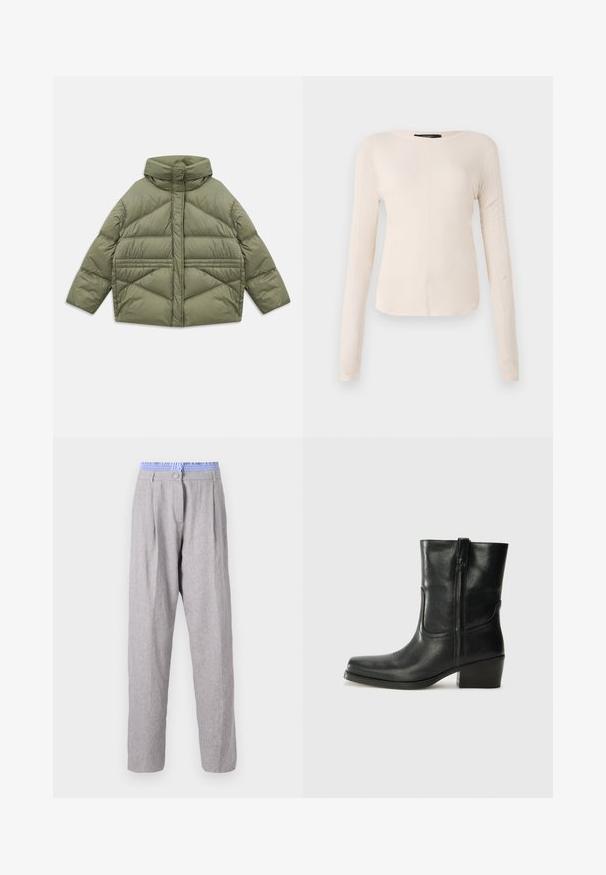 Oliwkowa kurtka puchowa z wysokim kołnierzem, ukośnymi szwami, długimi rękawami i zasuwanymi bocznymi kieszeniami, leżąca płasko na białym tle.; Długi rękaw, jasnobeżowa bluzka z okrągłym dekoltem. Wykonana z miękkiego materiału, posiada centralny szew oraz lekko zaokrąglony dół. Brak widocznych elementów metalowych.; Jasnoszare lniane spodnie z zakładkami, niebieski wzorzysty pas, zwężana nogawka i zapięcie na guzik. Gładka tekstura, lekką tkanina.; Czarne skórzane botki za kostkę z okrągłym noskiem, słupkowym obcasem, bocznym zamkiem i przeszyciami na cholewce. Gładka tekstura, klasyczny design.