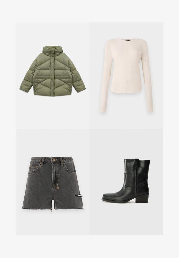 Olive green puffer jacket with high collar, diagonal stitching, long sleeves, and zippered side pockets, laid flat on white background.; Long-sleeve, light beige top with a round neckline. Made of soft fabric, features a central seam and slightly curved hem. No visible hardware.; Denim shorts in dark grey with frayed hem, distressed details, and contrasting yellow stitching. Features traditional pockets and a front button.; Black leather ankle boot with a rounded toe, block heel, side zipper, and stitching accents on the vamp. Smooth texture, classic design.