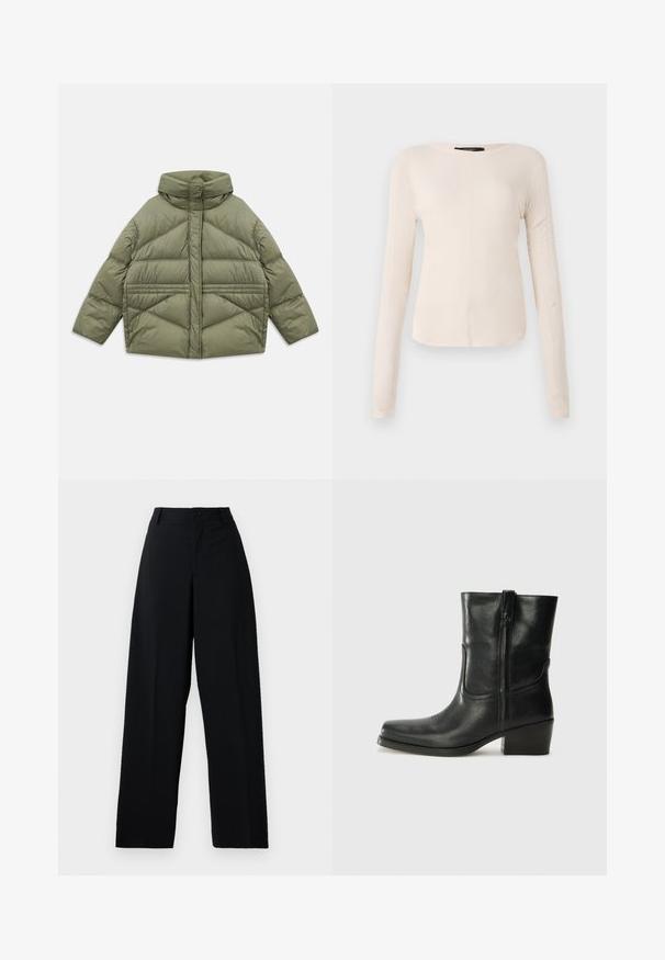 Maslinasto zelena puffer jakna s visokim ovratnikom, dijagonalnim šavovima, dugim rukavima i bočnim džepovima na zip, položena ravno na bijeloj pozadini.; Dugih rukava, svijetlo bež majica s okruglim izrezom. Izrađena od mekanog materijala, ima središnji šav i blago zakrivljen rub. Nema vidljivih metalnih dijelova.; Crne hlače visokog struka, širokih nogavica, s kopčanjem na gumb i rajsferšlus, ušicama za remen i čistom, glatkom završnom obradom.; Crne kožne čizme do članaka s okruglim vrhom, blok potpeticom, bočnim patentnim zatvaračem i detaljima od šavova na gornjem dijelu. Glatka tekstura, klasičan dizajn.