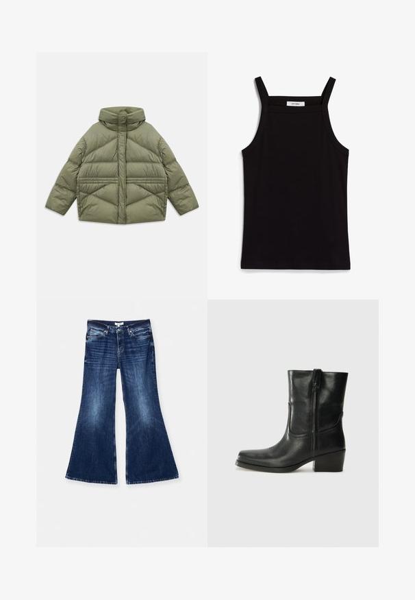 Ελαιόχρωμο πούφερ μπουφάν με ψηλό γιακά, διαγώνιες ραφές, μακριά μανίκια και φερμουάρ στα πλαϊνά σακίδια, ακουμπισμένο σε λευκό φόντο.; Μαύρο αμάνικο τοπ με λεπτές τιράντες, φτιαγμένο από ριγωτό ύφασμα, με ευθεία γραμμή και ετικέτα στον λαιμό που αναγράφει "IVY OAK."; RE/DONE BAGGY FLARE - Τζιν καμπάνα - monterey fade; Μαύρη δερμάτινη μπότες αστραγάλου με στρογγυλή μύτη, τετράγωνη φτέρνα, πλαϊνό φερμουάρ και ραφές στη μύτη. Ομαλή υφή, κλασικός σχεδιασμός.