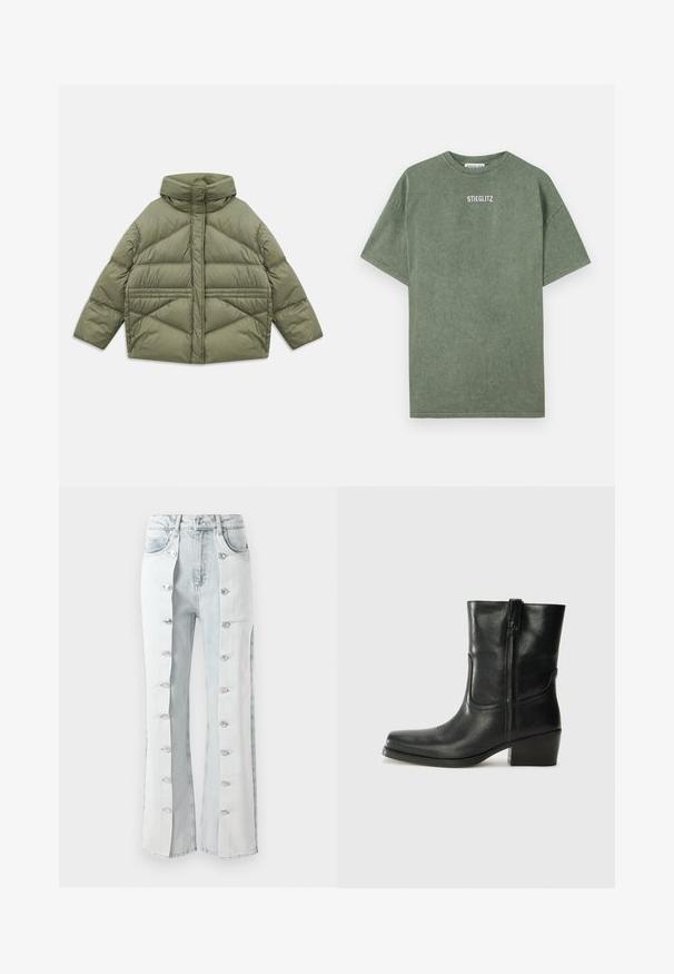 Olíva zöld pehelykabát magas gallérral, ferde varrással, hosszú ujjakkal és cipzáras oldazsebekkel, fehér háttéren lefektetve.; Zöld pamut póló, kerek nyakkivágással, rövid ujjakkal és a mellkason elhelyezett "STIEGLITZ" logóval. Puha tapintású és laza szabású.; Világoskék farmernadrág ezüst gombdíszekkel, széles lábbal és oldalsó panelekre jellemző kialakítással. Az anyag texturált felülettel rendelkezik.; Fekete bőr bokacsizma lekerekített orral, blokk sarkúval, oldalsó cipzárral és varrásos díszítéssel az elején. Simább textúra, klasszikus dizájn.