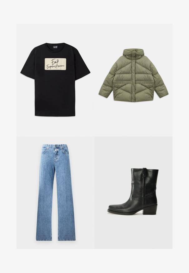 Õlivaheline puffer jakk kõrge kraega, diagonaalse õmblusega, pikad varrukad ja lukuga küljetaskud, laotuna valgel taustal.; Must musta T-särk, millel on kreemjas värvuses ristkülikukujuline brändi logo käsitsi kirjutatud stiilis tekstiga. Lühikesed varrukad ja standartne lõige.; Heledad denim-jedid, millel on lai jalg, viis taskut, vööloopid ning nupuga sulgemine. Kangas on sileda tekstuuriga.; Musta nahast pahkluu saabas ümarate varvastega, plokknäppu, külgsepa ja pealsetel õmblusest aktsentidega. Sile tekstuur, klassikaline disain.