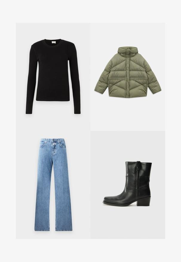 Oliwkowa kurtka puchowa z wysokim kołnierzem, ukośnymi szwami, długimi rękawami i zasuwanymi bocznymi kieszeniami, leżąca płasko na białym tle.; Czarna, długim rękawem koszulka T-shirt wykonana z miękkiego, gładkiego materiału. Posiada okrągły dekolt oraz dopasowany krój, bez widocznych wzorów czy akcentów.; Jasnoniebieskie dżinsy o szerokim kroju, pięć kieszeni, szlufki na pasek i zapięcie na guzik. Tkanina ma gładką strukturę.; Czarne skórzane botki za kostkę z okrągłym noskiem, słupkowym obcasem, bocznym zamkiem i przeszyciami na cholewce. Gładka tekstura, klasyczny design.