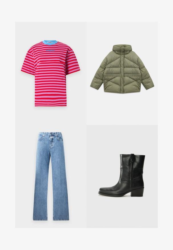 Olijfgroen pufferjack met hoge kraag, diagonale stiksels, lange mouwen en ritssluitingen aan de zijzakken, plat gelegd op een witte achtergrond.; Stieglitz ELLE - T-shirt print - red; Lichtblauwe denim jeans met een wijde pasvorm, vijf zakken, lussen voor een riem en een knoopsluiting. De stof heeft een gladde textuur.; Zwarte leren enkellaars met een ronde neus, blokhak, zijrits en stikselaccenten op de wreef. Gladde textuur, klassiek ontwerp.