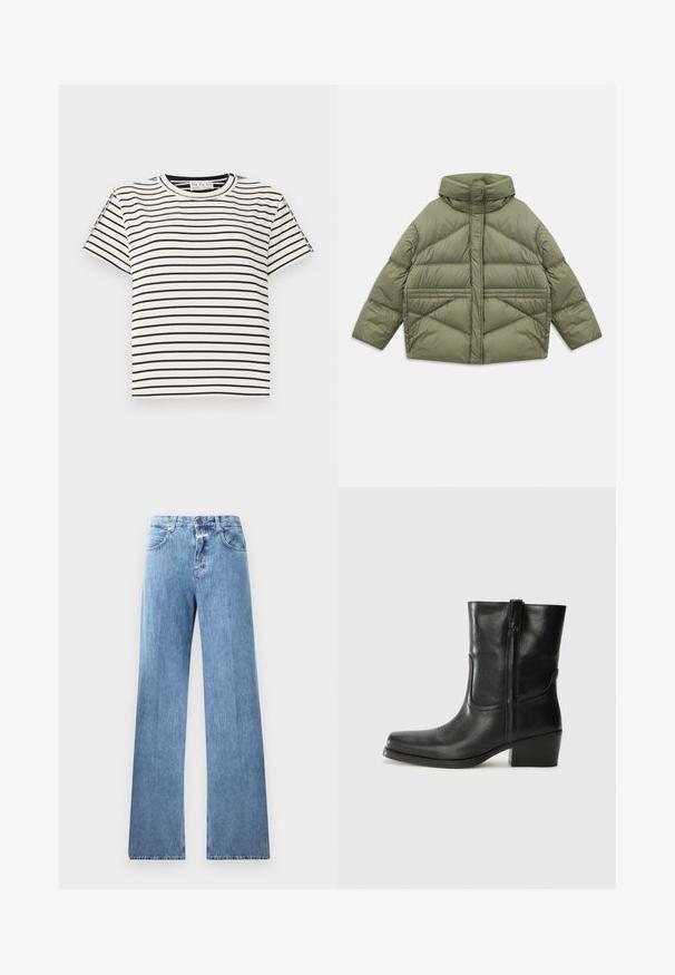 Oliwkowa kurtka puchowa z wysokim kołnierzem, ukośnymi szwami, długimi rękawami i zasuwanymi bocznymi kieszeniami, leżąca płasko na białym tle.; Bawełniana koszulka T-shirt z krótkim rękawem i okrągłym dekoltem, z czarnymi pionowymi paskami na białym tle oraz prostym krojem.; Jasnoniebieskie dżinsy o szerokim kroju, pięć kieszeni, szlufki na pasek i zapięcie na guzik. Tkanina ma gładką strukturę.; Czarne skórzane botki za kostkę z okrągłym noskiem, słupkowym obcasem, bocznym zamkiem i przeszyciami na cholewce. Gładka tekstura, klasyczny design.