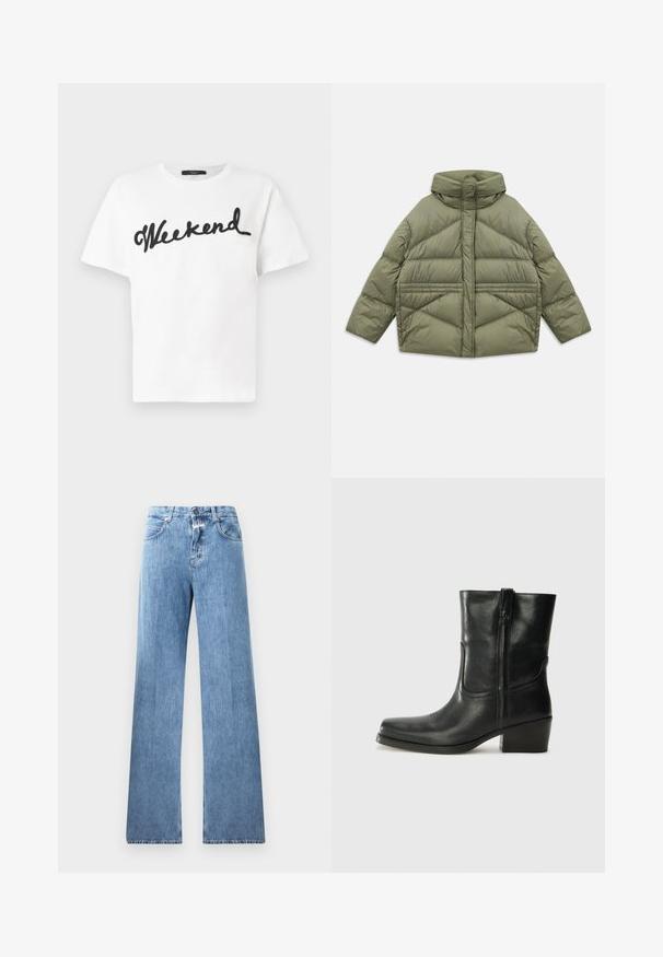 Olivengrøn puffjakke med høj krave, diagonale syninger, lange ærmer og lynlåslommer på siden, lagt fladt på hvid baggrund.; Hvid bomulds t-shirt med sort broderet "Weekend" tekst i kursiv stil. Klassisk rund halsudskæring og korte ærmer.; Lyseblå denim jeans med vid ben-design, fem lommer, bæltestropper og knaplukning. Stofmaterialet har en glat tekstur.; Sort læder ankelstøvle med rundt tå, blokhæl, lynlås i siden og stikninger på vampsiden. Glat tekstur, klassisk design.