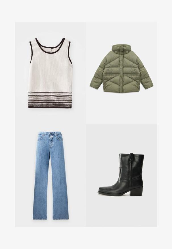 Olivgrüne Steppjacke mit hohem Kragen, diagonalen Nähten, langen Ärmeln und mit Reißverschluss versehenen Seitentaschen, flach auf einem weißen Hintergrund ausgebreitet.; Weißes, geripptes Tanktop mit schwarzem Saum und dekorativen horizontalen Streifen am unteren Rand. Der Stoff wirkt strukturiert und figurbetont.; Hellblaue Jeans aus Denim mit weitem Bein, fünf Taschen, Gürtelschlaufen und einem Knopfverschluss. Der Stoff hat eine glatte Textur.; Schwarze Leder-Ankle Boots mit runder Zehenform, Blockabsatz, seitlichem Reißverschluss und gestickten Akzenten auf dem Blatt. Glatte Textur, klassisches Design.