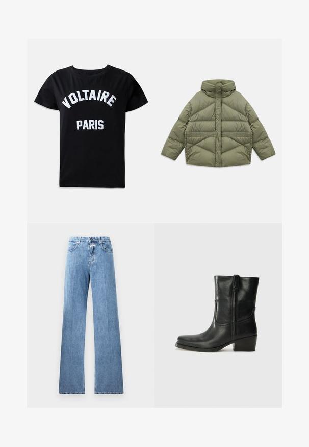 Olivgrön puffjacka med hög krage, diagonala sömmar, långa ärmar och dragkedjefickor på sidan, liggandes platt på vit bakgrund.; Svart bomull t-shirt med vit broderad text som säger "VOLTAIRE PARIS" i ett fetstiligt typsnitt, rund hals och korta ärmar.; Ljusblå denimjeans med en vida ben-design, fem fickor, bälteshällor och knäppning med knapp. Tyget har en mjuk textur.; Svart läderankelboot med rund tå, blockklack, sidodragkedja och sömmar på ovandelen. Slät textur, klassisk design.
