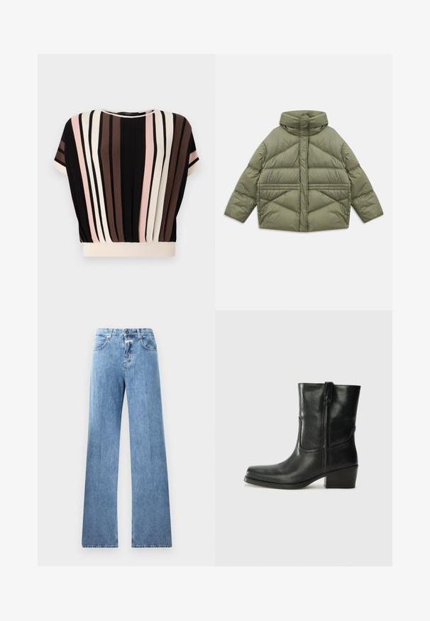 Olivgrüne Steppjacke mit hohem Kragen, diagonalen Nähten, langen Ärmeln und mit Reißverschluss versehenen Seitentaschen, flach auf einem weißen Hintergrund ausgebreitet.; Kurzärmliges Oberteil mit vertikalen Streifen in Schwarz, Creme, Rosa und Braun. Verfügt über einen runden Halsausschnitt und eine bequeme Passform mit einem cremefarbenen Saum.; Hellblaue Jeans aus Denim mit weitem Bein, fünf Taschen, Gürtelschlaufen und einem Knopfverschluss. Der Stoff hat eine glatte Textur.; Schwarze Leder-Ankle Boots mit runder Zehenform, Blockabsatz, seitlichem Reißverschluss und gestickten Akzenten auf dem Blatt. Glatte Textur, klassisches Design.