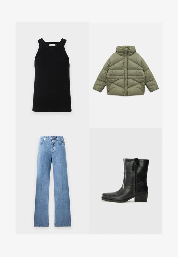 Olišu zaļš pūkains mētelis ar augstu apkakli, slīpiem šuvēm, garām piedurknēm un kabatām ar rāvējslēdzēju, izmests uz baltā fona.; Melna ribota topa blūze ar platām plecu siksnām, kurai ir noapaļota dekoltē un neliela iegriezuma logotipa detaļa apakšā.; Gaiši zili džinsi ar platām kājām, pieci kabatas, jostu cilpas un pogu aizdare. Audumam ir gluda tekstūra.; Melna ādas potīte ar noapaļotu purngalu, bloku papēdi, sānu rāvējslēdzēju un šuvju akcentiem uz virsmas. Gluda tekstūra, klasiskā dizaina.
