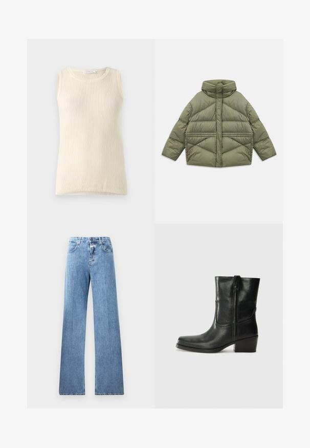 Olive green puffer jacket with high collar, diagonal stitching, long sleeves, and zippered side pockets, laid flat on white background.; Sleeveless cream top with ribbed texture and round neckline. Fabric appears soft, with a fitted shape and no visible patterns or accents.; Light blue denim jeans with a wide-leg design, five pockets, belt loops, and a button closure. The fabric has a smooth texture.; Black leather ankle boot with a rounded toe, block heel, side zipper, and stitching accents on the vamp. Smooth texture, classic design.