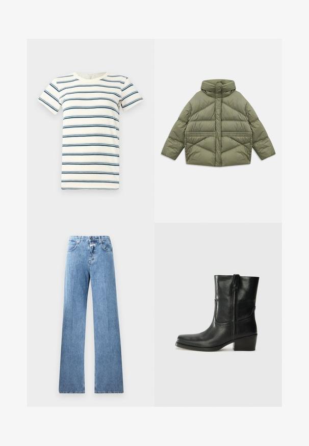 Veste en duvet vert olive avec un col haut, des coutures diagonales, des manches longues et des poches latérales zippées, posée à plat sur un fond blanc.; T-shirt rayé avec des lignes bleues et bleu foncé alternées sur un fond crème, avec un col rond et des manches courtes. Tissu doux.; Jeans en denim bleu clair avec une coupe large, cinq poches, passants de ceinture et fermeture à bouton. Le tissu a une texture lisse.; Bottine en cuir noir avec un bout rond, un talon carré, une fermeture éclair sur le côté et des coutures décoratives sur l'empeigne. Texture lisse, design classique.