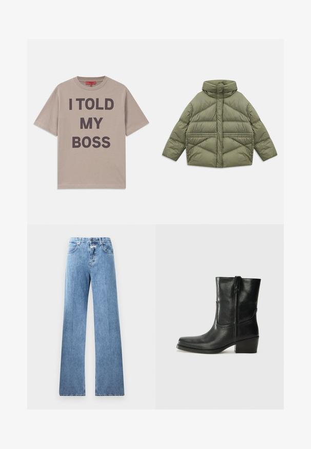 Olive green puffer jacket with high collar, diagonal stitching, long sleeves, and zippered side pockets, laid flat on white background.; Beige cotton t-shirt, short sleeves, round neckline, featuring bold dark text: "I TOLD MY BOSS" printed prominently on the front.; Light blue denim jeans with a wide-leg design, five pockets, belt loops, and a button closure. The fabric has a smooth texture.; Black leather ankle boot with a rounded toe, block heel, side zipper, and stitching accents on the vamp. Smooth texture, classic design.