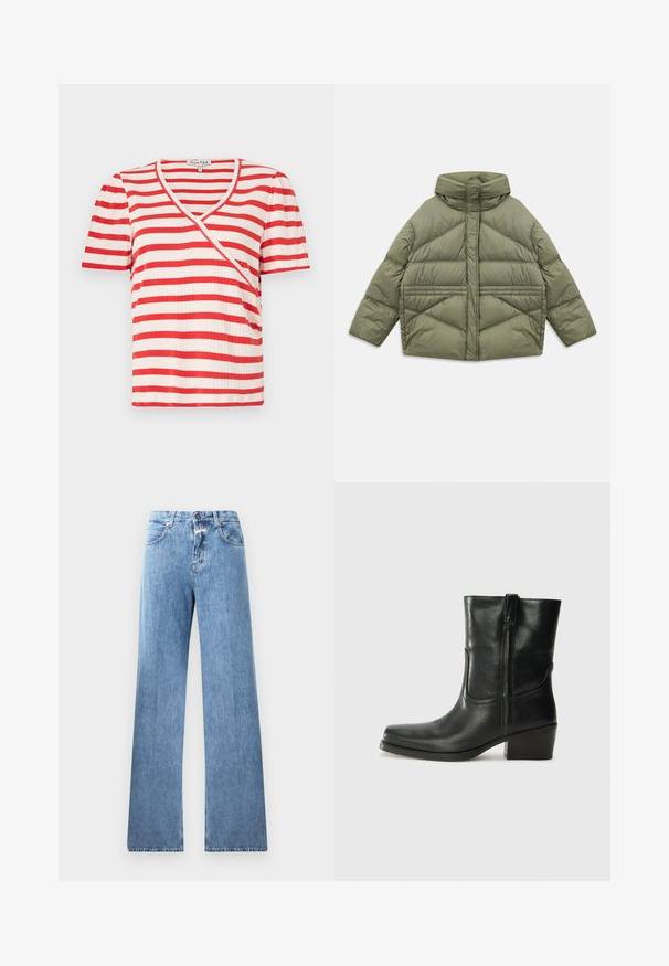 Olijfgroen pufferjack met hoge kraag, diagonale stiksels, lange mouwen en ritssluitingen aan de zijzakken, plat gelegd op een witte achtergrond.; Rood-wit gestreepte T-shirt met korte mouwen, V-hals en een asymmetrisch ontwerp. Gemaakt van een geribbelde stof met een zachte textuur.; Lichtblauwe denim jeans met een wijde pasvorm, vijf zakken, lussen voor een riem en een knoopsluiting. De stof heeft een gladde textuur.; Zwarte leren enkellaars met een ronde neus, blokhak, zijrits en stikselaccenten op de wreef. Gladde textuur, klassiek ontwerp.