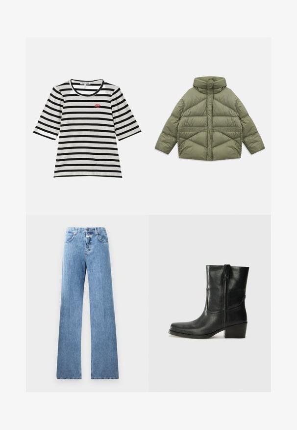 Oliwkowa kurtka puchowa z wysokim kołnierzem, ukośnymi szwami, długimi rękawami i zasuwanymi bocznymi kieszeniami, leżąca płasko na białym tle.; Paskowana koszulka z krótkim rękawem, z czarno-białą prążkowaną teksturą, okrągłym dekoltem i małym czerwonym logotypem na lewej piersi.; Jasnoniebieskie dżinsy o szerokim kroju, pięć kieszeni, szlufki na pasek i zapięcie na guzik. Tkanina ma gładką strukturę.; Czarne skórzane botki za kostkę z okrągłym noskiem, słupkowym obcasem, bocznym zamkiem i przeszyciami na cholewce. Gładka tekstura, klasyczny design.