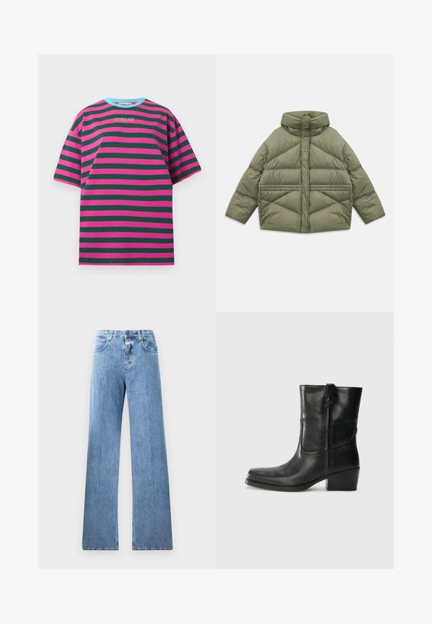 Oliivinvihreä untuvatakki korkealla kauluksella, vinonapituksilla, pitkillä hihoilla ja vetoketjullisilla sivutaskuilla, asetettuna tasaiseksi valkoista taustaa vasten.; Lyhythihainen T-paita, jossa on vaaleanpunaisia ja vihreitä vaakaraitoja, puuvillakangasta, pyöreä kaulus, jossa kevyen sininen reunus, brodeerattu "STIEGLITZ"-logo.; Vaaleansiniset farkut, joissa on leveä lahje, viisi taskua, vyölenkit ja nappikiinnitys. Kankaan pinta on sileä.; Musta nahkasaapas nilkkamittaisella varrella, pyöreällä kärjellä, lohkarekorolla, sivuvetoketjulla ja ompeluaksentilla varren yläosassa. Suora pinta, klassinen muotoilu.