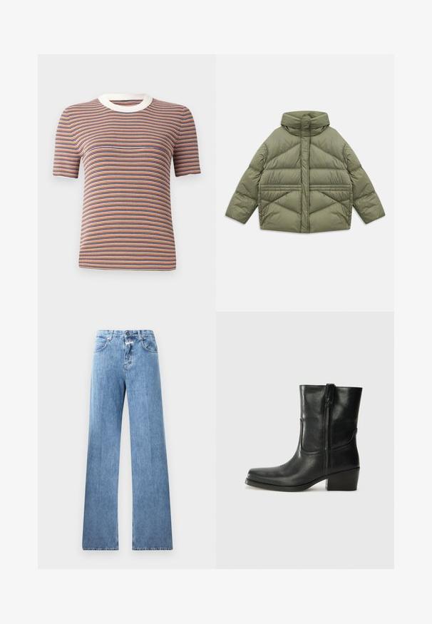 Olive green puffer jacket with high collar, diagonal stitching, long sleeves, and zippered side pockets, laid flat on white background.; Striped short-sleeve t-shirt in orange, blue, and white. Features a ribbed texture and a white round neckline.; Light blue denim jeans with a wide-leg design, five pockets, belt loops, and a button closure. The fabric has a smooth texture.; Black leather ankle boot with a rounded toe, block heel, side zipper, and stitching accents on the vamp. Smooth texture, classic design.