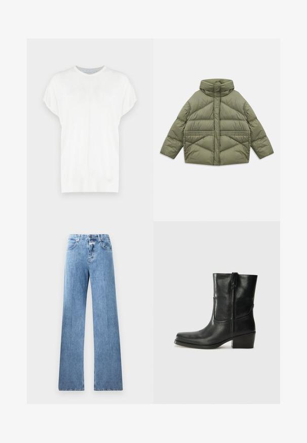 Olive green puffer jacket with high collar, diagonal stitching, long sleeves, and zippered side pockets, laid flat on white background.; White short-sleeve knit top with a round neckline, featuring a smooth texture and subtle seam detailing on the front.; Light blue denim jeans with a wide-leg design, five pockets, belt loops, and a button closure. The fabric has a smooth texture.; Black leather ankle boot with a rounded toe, block heel, side zipper, and stitching accents on the vamp. Smooth texture, classic design.