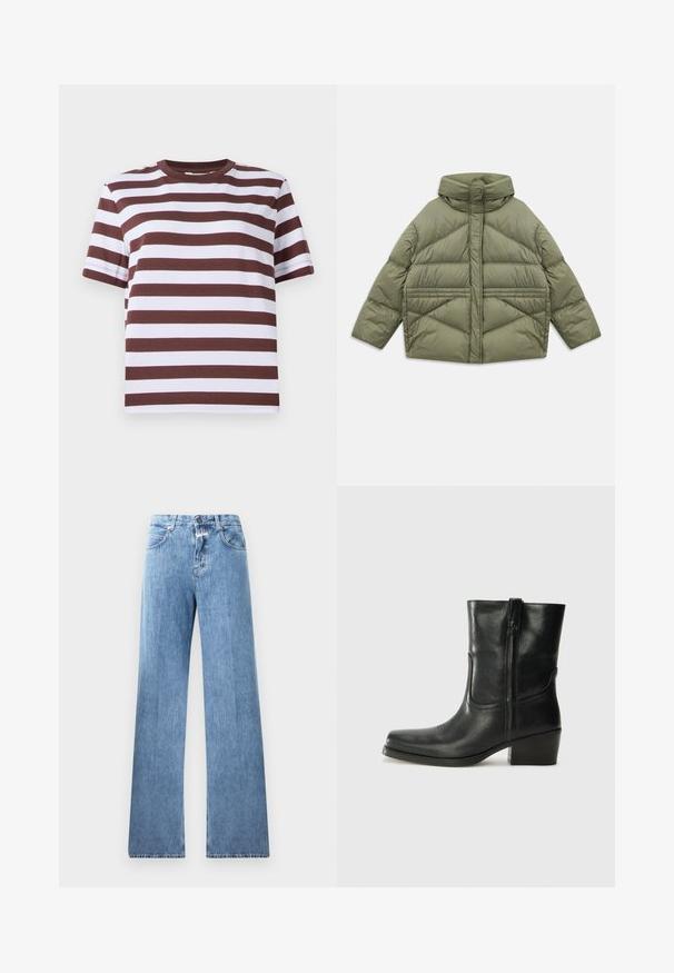 Maslinasto zelena puffer jakna s visokim ovratnikom, dijagonalnim šavovima, dugim rukavima i bočnim džepovima na zip, položena ravno na bijeloj pozadini.; Majica s kratkim rukavima u boji burgundac i bijelim horizontalnim prugama, okrugli izrez i ležeran kroj. Izrađena od mekog pamučnog materijala.; Svijetloplave traperice širokog kroja, s pet džepova, petljama za remen i kopčanjem na gumb. Tkanina ima glatku teksturu.; Crne kožne čizme do članaka s okruglim vrhom, blok potpeticom, bočnim patentnim zatvaračem i detaljima od šavova na gornjem dijelu. Glatka tekstura, klasičan dizajn.