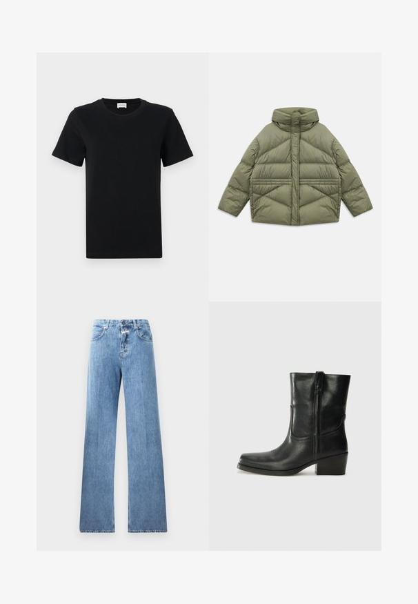 Olivgrüne Steppjacke mit hohem Kragen, diagonalen Nähten, langen Ärmeln und mit Reißverschluss versehenen Seitentaschen, flach auf einem weißen Hintergrund ausgebreitet.; Schwarzes Baumwoll-T-Shirt mit kurzen Ärmeln und Rundhalsausschnitt, mit einem dezenten Logo-Detail an der unteren Vorderseite und einem geraden Saum.; Hellblaue Jeans aus Denim mit weitem Bein, fünf Taschen, Gürtelschlaufen und einem Knopfverschluss. Der Stoff hat eine glatte Textur.; Schwarze Leder-Ankle Boots mit runder Zehenform, Blockabsatz, seitlichem Reißverschluss und gestickten Akzenten auf dem Blatt. Glatte Textur, klassisches Design.