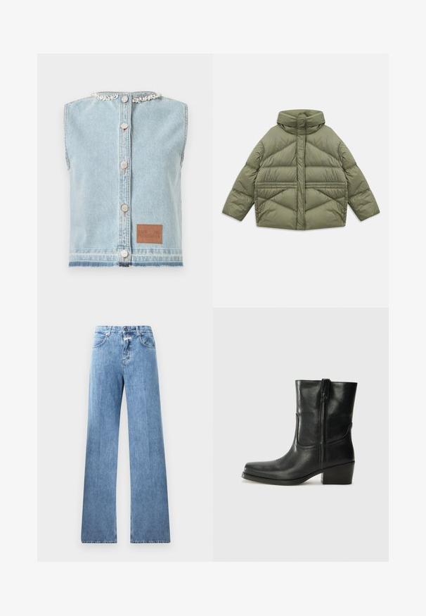 Olíva zöld pehelykabát magas gallérral, ferde varrással, hosszú ujjakkal és cipzáras oldazsebekkel, fehér háttéren lefektetve.; Világoskék farmer ujjatlan mellény, rojtos szegéllyel, díszvarrással, elöl gombos záródással és barna bőr logóval.; Világoskék farmernadrág, széles lábakkal, öt zsebből, övrögzítőkből és gombzáras kivitelben. Az anyag sima textúrájú.; Fekete bőr bokacsizma lekerekített orral, blokk sarkúval, oldalsó cipzárral és varrásos díszítéssel az elején. Simább textúra, klasszikus dizájn.