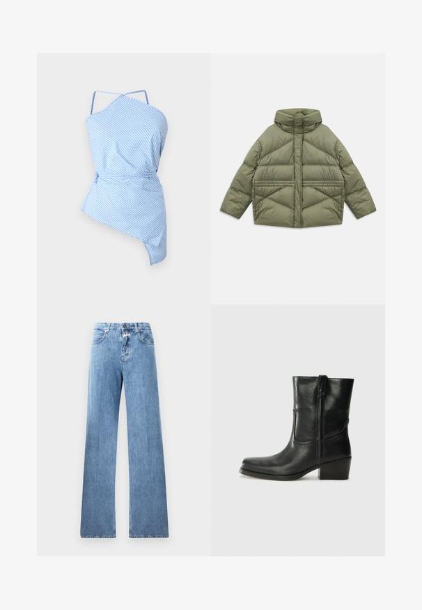 Olive green puffer jacket with high collar, diagonal stitching, long sleeves, and zippered side pockets, laid flat on white background.; Blue and white striped top with an asymmetric cut, thin straps, and a drawstring waist for adjustable fit. Lightweight fabric with smooth texture.; Light blue denim jeans with a wide-leg design, five pockets, belt loops, and a button closure. The fabric has a smooth texture.; Black leather ankle boot with a rounded toe, block heel, side zipper, and stitching accents on the vamp. Smooth texture, classic design.