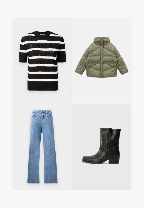 Olivengrøn puffjakke med høj krave, diagonale syninger, lange ærmer og lynlåslommer på siden, lagt fladt på hvid baggrund.; Sort og hvid stribet kortærmet striktop med rund halsudskæring, prydet med et tekstureret mønster og en lige kant.; Lyseblå denim jeans med vid ben-design, fem lommer, bæltestropper og knaplukning. Stofmaterialet har en glat tekstur.; Sort læder ankelstøvle med rundt tå, blokhæl, lynlås i siden og stikninger på vampsiden. Glat tekstur, klassisk design.