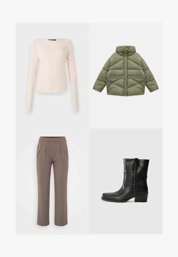 Olivgrön puffjacka med hög krage, diagonala sömmar, långa ärmar och dragkedjefickor på sidan, liggandes platt på vit bakgrund.; Långärmad, ljusbeige topp med rund halsringning. Tillverkad i mjukt material, har en central söm och något rundad nederkant. Inga synliga detaljer.; Taupe löst sittande byxor med elastisk midja och framfåll, gjorda av ett mjukt tyg.; Svart läderankelboot med rund tå, blockklack, sidodragkedja och sömmar på ovandelen. Slät textur, klassisk design.
