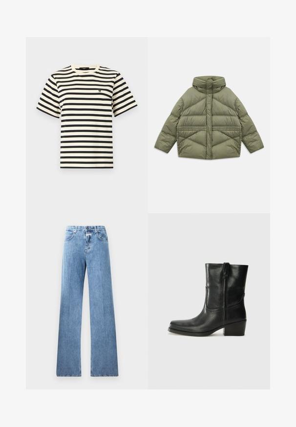 Oliivinvihreä untuvatakki korkealla kauluksella, vinonapituksilla, pitkillä hihoilla ja vetoketjullisilla sivutaskuilla, asetettuna tasaiseksi valkoista taustaa vasten.; Raidallinen t-paita, jossa on vaakasuoria mustia ja kerma-viiruja, pyöreä pääntie, lyhyet hihat ja pieni logo rinnassa.; Vaaleansiniset farkut, joissa on leveä lahje, viisi taskua, vyölenkit ja nappikiinnitys. Kankaan pinta on sileä.; Musta nahkasaapas nilkkamittaisella varrella, pyöreällä kärjellä, lohkarekorolla, sivuvetoketjulla ja ompeluaksentilla varren yläosassa. Suora pinta, klassinen muotoilu.