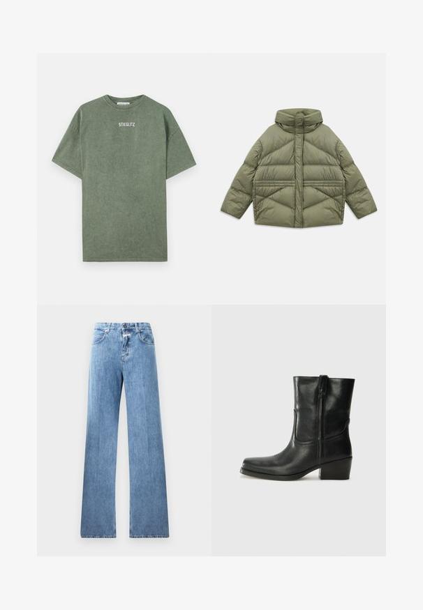 Olivnozeleni napihani jopič z visokim ovratnikom, diagonalnim šivanjem, dolgimi rokavi in z zadrgo zaprtimi stranskimi žepi, položen na belo ozadje.; Zeleni bombažni majica s krojenim ovratnikom, kratkimi rokavi in natisnjenim logotipom "STIEGLITZ" na prsih. Mehka tekstura in sproščen kroj.; Svetlo modre denim hlače z širokimi hlačnicami, petimi žepi, pasnimi zankami in gumbom za zapiranje. Tkanina ima gladko teksturo.; Črne usnjene gležnjarje z zaobljenim nosom, blok peto, stransko zadrgo in šivanjem na vampu. Gladka tekstura, klasična zasnova.