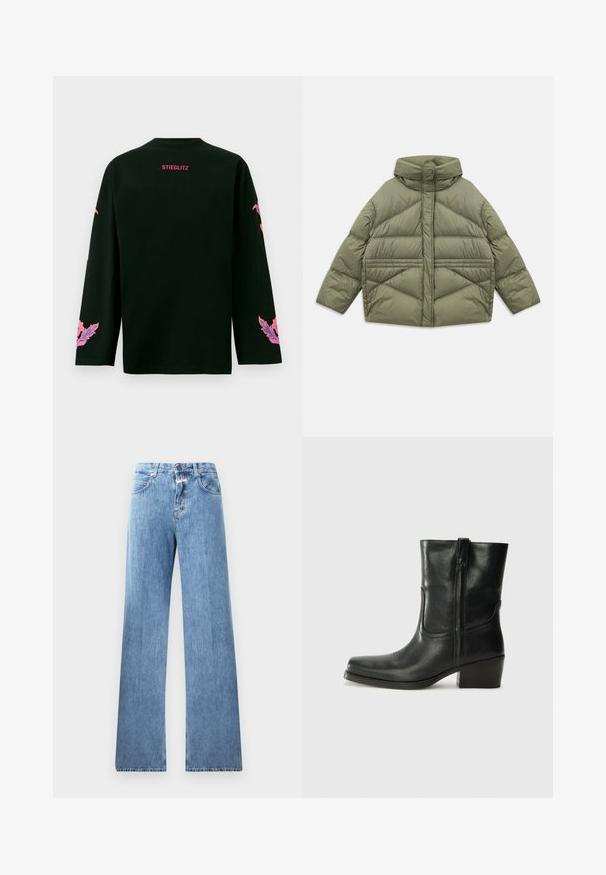 Olivgrön puffjacka med hög krage, diagonala sömmar, långa ärmar och dragkedjefickor på sidan, liggandes platt på vit bakgrund.; Svart långärmad skjorta med rund halsringning. Har rosa texten "STIEGLITZ" på baksidan och färgglada blommönster på ärmarna.; Ljusblå denimjeans med en vida ben-design, fem fickor, bälteshällor och knäppning med knapp. Tyget har en mjuk textur.; Svart läderankelboot med rund tå, blockklack, sidodragkedja och sömmar på ovandelen. Slät textur, klassisk design.