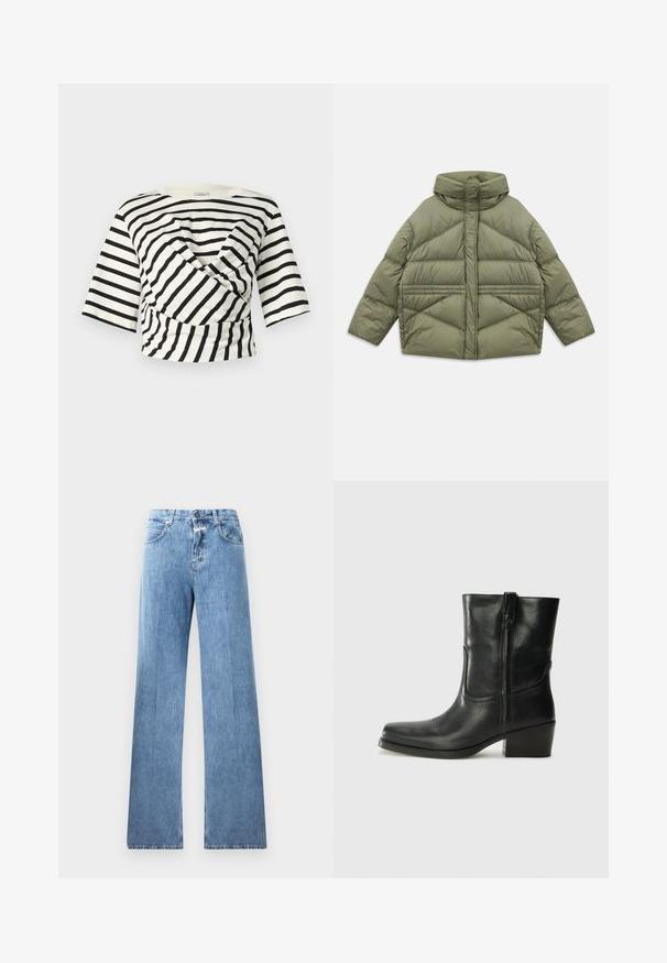 Olivnozeleni napihani jopič z visokim ovratnikom, diagonalnim šivanjem, dolgimi rokavi in z zadrgo zaprtimi stranskimi žepi, položen na belo ozadje.; Baum und Pferdgarten JALYA - Potiskana majica - black whisper stripe; Svetlo modre denim hlače z širokimi hlačnicami, petimi žepi, pasnimi zankami in gumbom za zapiranje. Tkanina ima gladko teksturo.; Črne usnjene gležnjarje z zaobljenim nosom, blok peto, stransko zadrgo in šivanjem na vampu. Gladka tekstura, klasična zasnova.