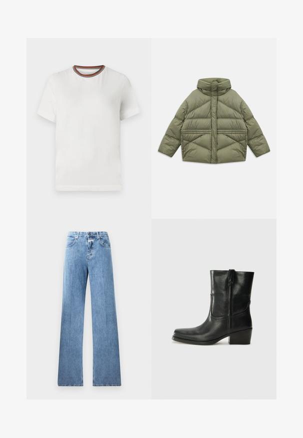 Olíva zöld pehelykabát magas gallérral, ferde varrással, hosszú ujjakkal és cipzáras oldazsebekkel, fehér háttéren lefektetve.; Fehér, rövid ujjú póló, kerek nyakkivágással, több színű csíkos díszítéssel. Sima anyagból készült, laza szabással.; Világoskék farmernadrág, széles lábakkal, öt zsebből, övrögzítőkből és gombzáras kivitelben. Az anyag sima textúrájú.; Fekete bőr bokacsizma lekerekített orral, blokk sarkúval, oldalsó cipzárral és varrásos díszítéssel az elején. Simább textúra, klasszikus dizájn.