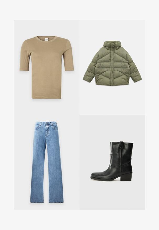 Olíva zöld pehelykabát magas gallérral, ferde varrással, hosszú ujjakkal és cipzáras oldazsebekkel, fehér háttéren lefektetve.; Beige, rövid ujjú póló, kerek nyakkivágással, puha, sima anyagból készült, minimális varrással és testhez álló fazonnal.; Világoskék farmernadrág, széles lábakkal, öt zsebből, övrögzítőkből és gombzáras kivitelben. Az anyag sima textúrájú.; Fekete bőr bokacsizma lekerekített orral, blokk sarkúval, oldalsó cipzárral és varrásos díszítéssel az elején. Simább textúra, klasszikus dizájn.