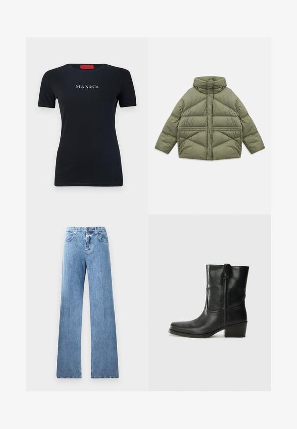 Olijfgroen pufferjack met hoge kraag, diagonale stiksels, lange mouwen en ritssluitingen aan de zijzakken, plat gelegd op een witte achtergrond.; Zwarte t-shirt met korte mouwen van katoen, met een ronde hals en het logo "MAX&Co." in het wit. Gladde textuur, slim fit ontwerp.; Lichtblauwe denim jeans met een wijde pasvorm, vijf zakken, lussen voor een riem en een knoopsluiting. De stof heeft een gladde textuur.; Zwarte leren enkellaars met een ronde neus, blokhak, zijrits en stikselaccenten op de wreef. Gladde textuur, klassiek ontwerp.
