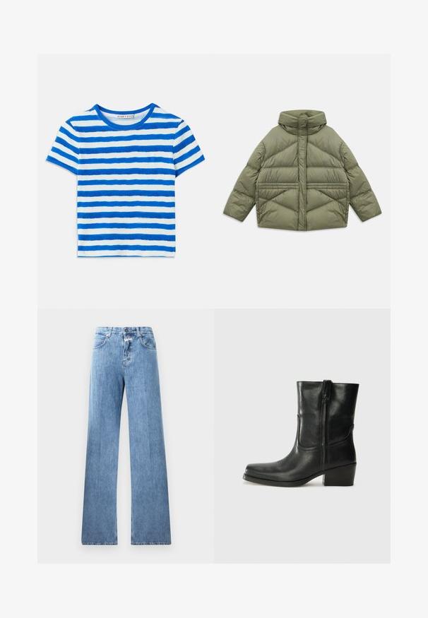 Olive green puffer jacket with high collar, diagonal stitching, long sleeves, and zippered side pockets, laid flat on white background.; Blue and white striped short-sleeve T-shirt with a ribbed texture and a round neckline. Stripe patterns vary in width.; Light blue denim jeans with a wide-leg design, five pockets, belt loops, and a button closure. The fabric has a smooth texture.; Black leather ankle boot with a rounded toe, block heel, side zipper, and stitching accents on the vamp. Smooth texture, classic design.