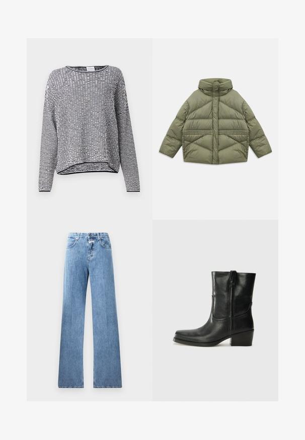Olivgrüne Steppjacke mit hohem Kragen, diagonalen Nähten, langen Ärmeln und mit Reißverschluss versehenen Seitentaschen, flach auf einem weißen Hintergrund ausgebreitet.; Gestreiftes Langarmoberteil in Schwarz und Weiß, mit Rundhalsausschnitt, lockerer Passform und strukturiertem Stoff mit gerippten Akzenten am Saum.; Hellblaue Jeans aus Denim mit weitem Bein, fünf Taschen, Gürtelschlaufen und einem Knopfverschluss. Der Stoff hat eine glatte Textur.; Schwarze Leder-Ankle Boots mit runder Zehenform, Blockabsatz, seitlichem Reißverschluss und gestickten Akzenten auf dem Blatt. Glatte Textur, klassisches Design.