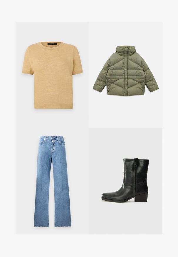 Olivengrøn puffjakke med høj krave, diagonale syninger, lange ærmer og lynlåslommer på siden, lagt fladt på hvid baggrund.; Kortærmet strikket sweater i en lys beige farve, med rund halsudskæring og ribbede kanter og manchetter for struktur og pasform.; Lyseblå denim jeans med vid ben-design, fem lommer, bæltestropper og knaplukning. Stofmaterialet har en glat tekstur.; Sort læder ankelstøvle med rundt tå, blokhæl, lynlås i siden og stikninger på vampsiden. Glat tekstur, klassisk design.
