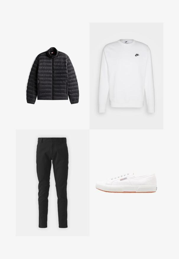 Czarna pikowana kurtka puchowa z kołnierzem stojącym, przednim zamkiem błyskawicznym, zapinanymi kieszeniami po bokach oraz małym czerwono-biało-niebieskim logo na piersi.; Biała bluza z długim rękawem, wykonana z bawełny, z okrągłym dekoltem i czarnym logo Nike na lewej piersi. Miękka tekstura z ściągaczami przy mankietach.; Czarne bawełniane spodnie o slim fit, z zapięciem na guzik, szlufkami na pasek i bocznymi kieszeniami. Gładka faktura, brak widocznych wzorów.; Białe płócienne sneakersy z gumową podeszwą, z sznurowanym designem i małą metką z logo po boku. Teksturowana biała cholewka i brązowa podeszwa.