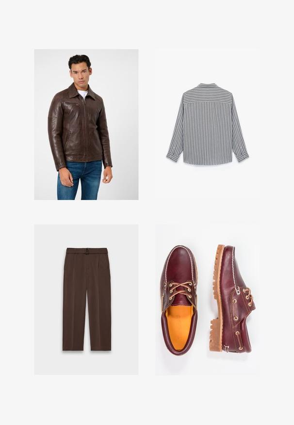 Veste en cuir marron avec une coupe droite, poches zippées et un col, accompagnée d'un jean bleu. Texture lisse et design structuré.; Chemise à manches longues rayée grise et blanche avec un ourlet droit, des poignets à boutons et un col, fabriquée à partir d'un tissu texturé.; Pantalon marron avec une ceinture, présentant une taille haute, un devant plissé et des poches latérales ; fabriqué en tissu lisse et texturé.; Chaussures en cuir bourgogne avec semelles en caoutchouc marron, bout rond, couture blanche et œillets dorés. L'intérieur présente une doublure jaune.