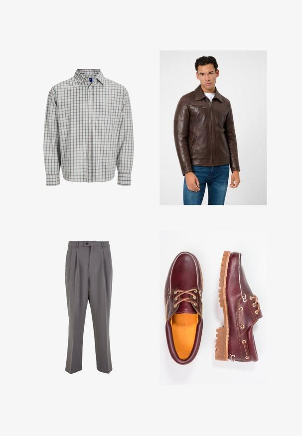 Brown leather jacket with a straight cut, zippered pockets, and a collar, paired with blue jeans. Smooth texture and structured design.; Long-sleeve button-up shirt featuring a light blue and brown checkered pattern, with a chest pocket and rounded collar. Cotton blend material.; Gray pleated trousers made of smooth fabric, featuring a straight cut, a single button closure, and belt loops. Minimalist design.; Burgundy leather shoes with brown rubber soles, round toe, white stitching, and gold eyelets. Interior features a yellow lining.