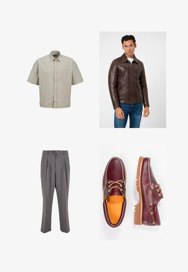 Bruine leren jas met een rechte snit, ritssluitingen in de zakken en een kraag, gecombineerd met blauwe jeans. Gladde textuur en gestructureerd ontwerp.; Kortom gestructureerd shirt met korte mouwen in beige en bruin, met een button-down kraag, een opgestikte zak en een relaxte pasvorm met een ruitpatroon.; Grijze geplooide broek van gladde stof, met een rechte snit, een enkele knoopsluiting en riemlussen. Minimalistisch ontwerp.; Bordeaux leren schoenen met bruine rubberen zolen, ronde neus, witte stiksels en gouden veterogen. Het interieur heeft een gele voering.